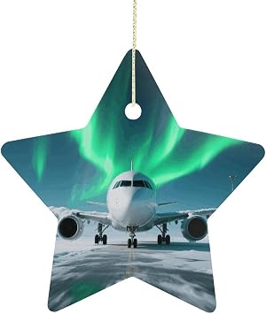 2.7 Inch Ceramic Christmas Star Ornament - Airplane Under The Polar Night Sky Double-Sided Printed Porcelain Tree Hanging Decor with Gold String, Vintage Holiday Decoration for Xmas Tree, Mantel, Gift