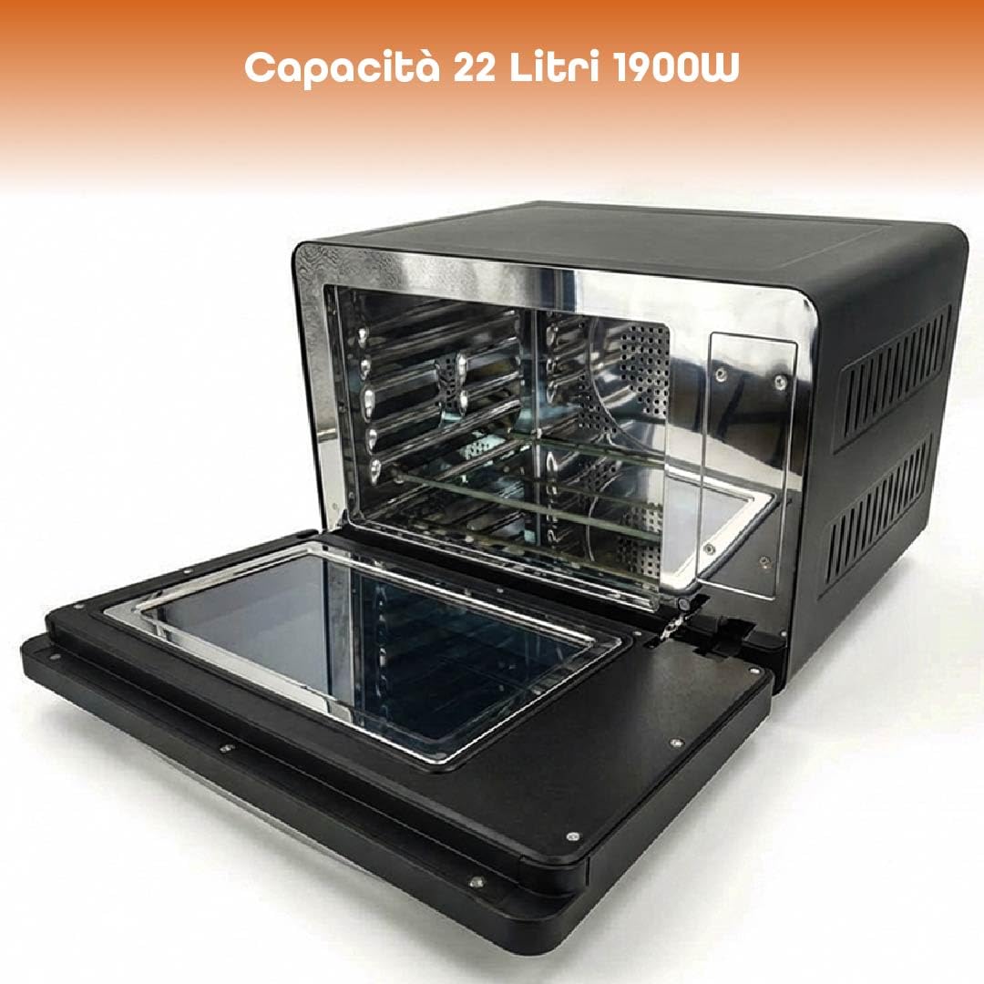 Forno Elettrico Multifunzione 22L 1900W, Tecnologia Riscaldamento 3D, Display LED Touch, 5 Livelli Verticali, Temperatura 40-220°C, Girarrosto Incluso, Nero