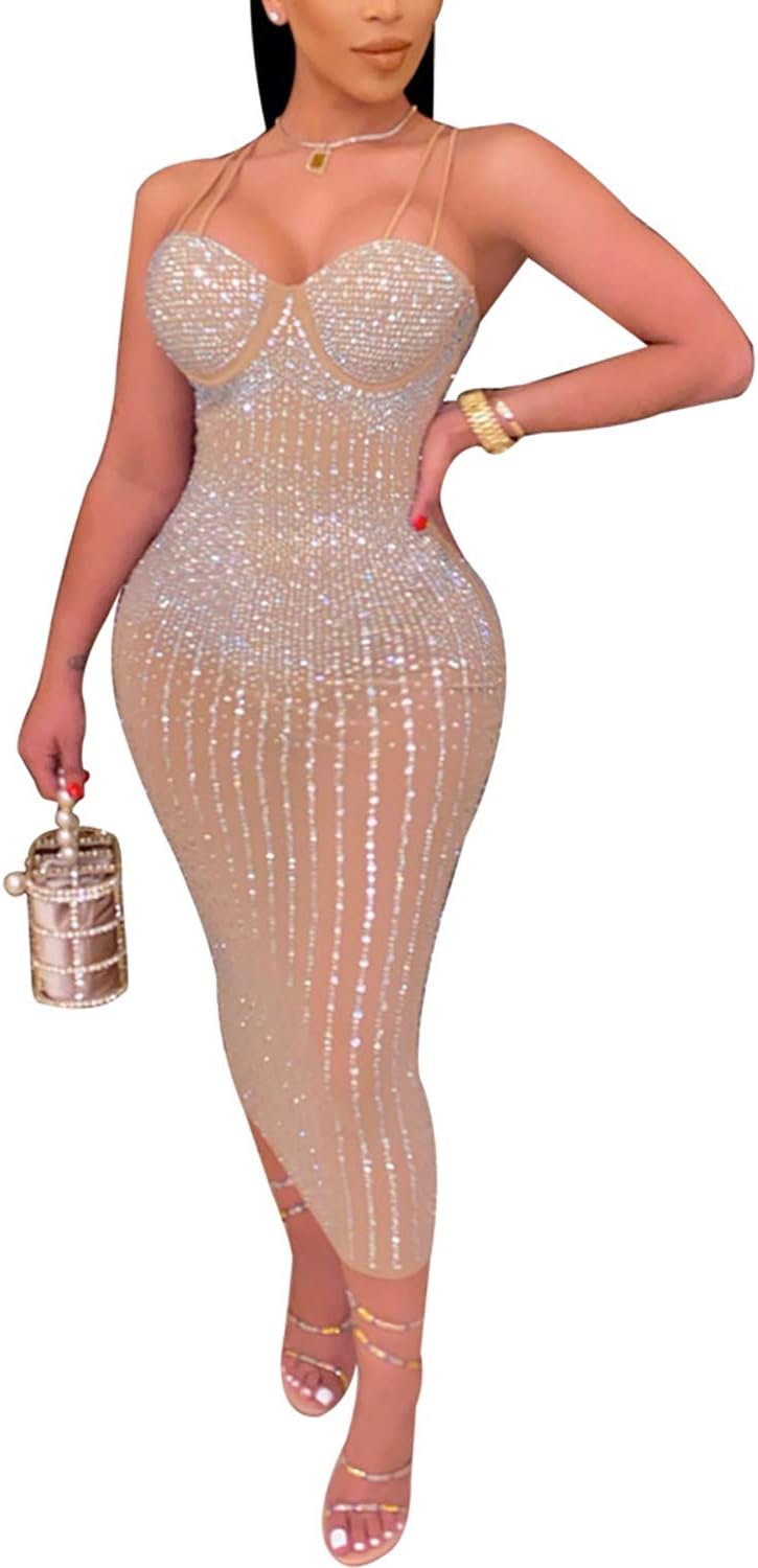WOKANSEWomen's Rhinestone Spaghetti Strap Bodycon Midi Dress Sexy Mesh See Through Club Dress