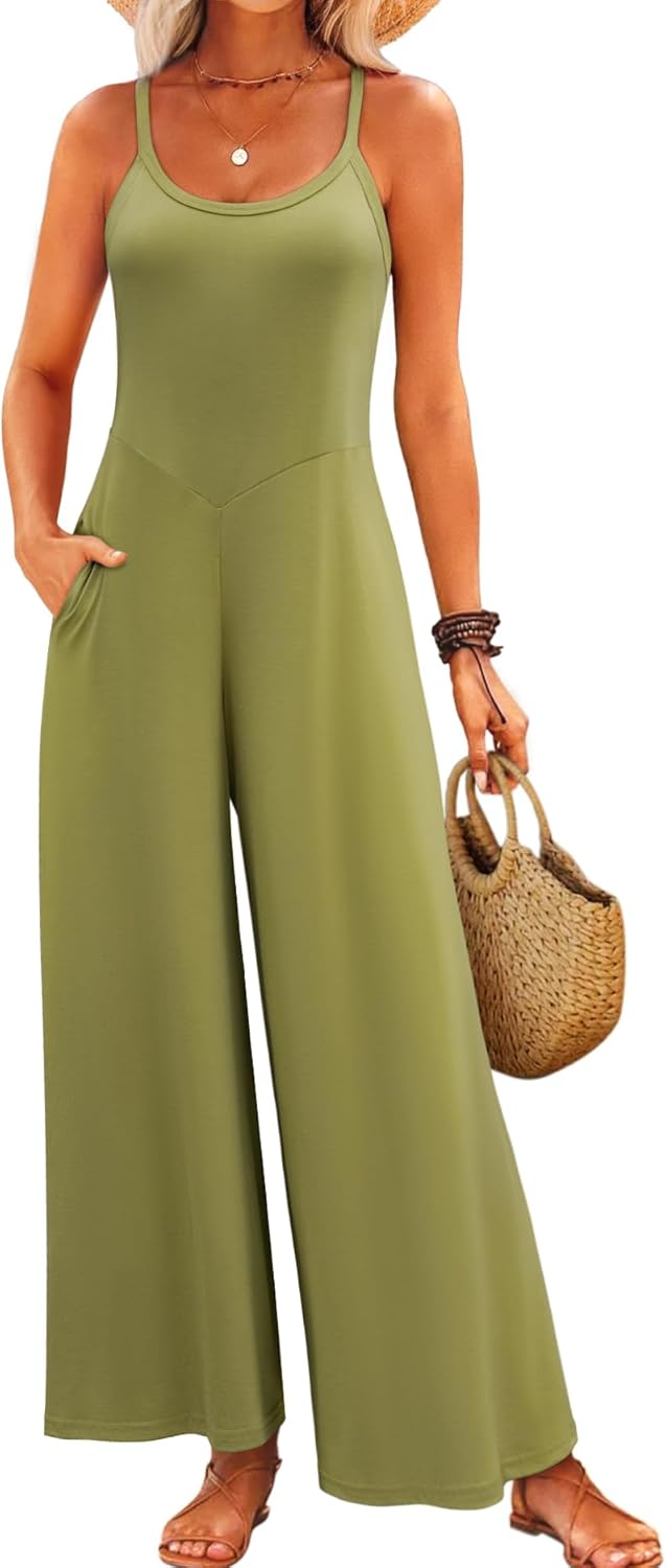 Jumpsuits for Women 2025 Summer Sleeveless Casual Loose Wide Leg Long Pant Rompers One Piece Beach Vacation Outfits Green X-Large