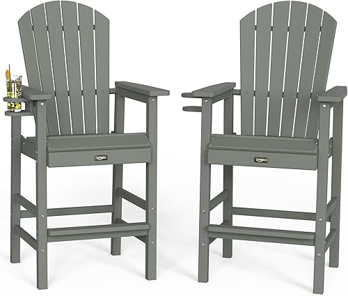 VINGLI Juego de 2 sillas Adirondack altas Adirondack de polietileno de alta densidad con soportes para tazas, sillas de terraza de polietileno para