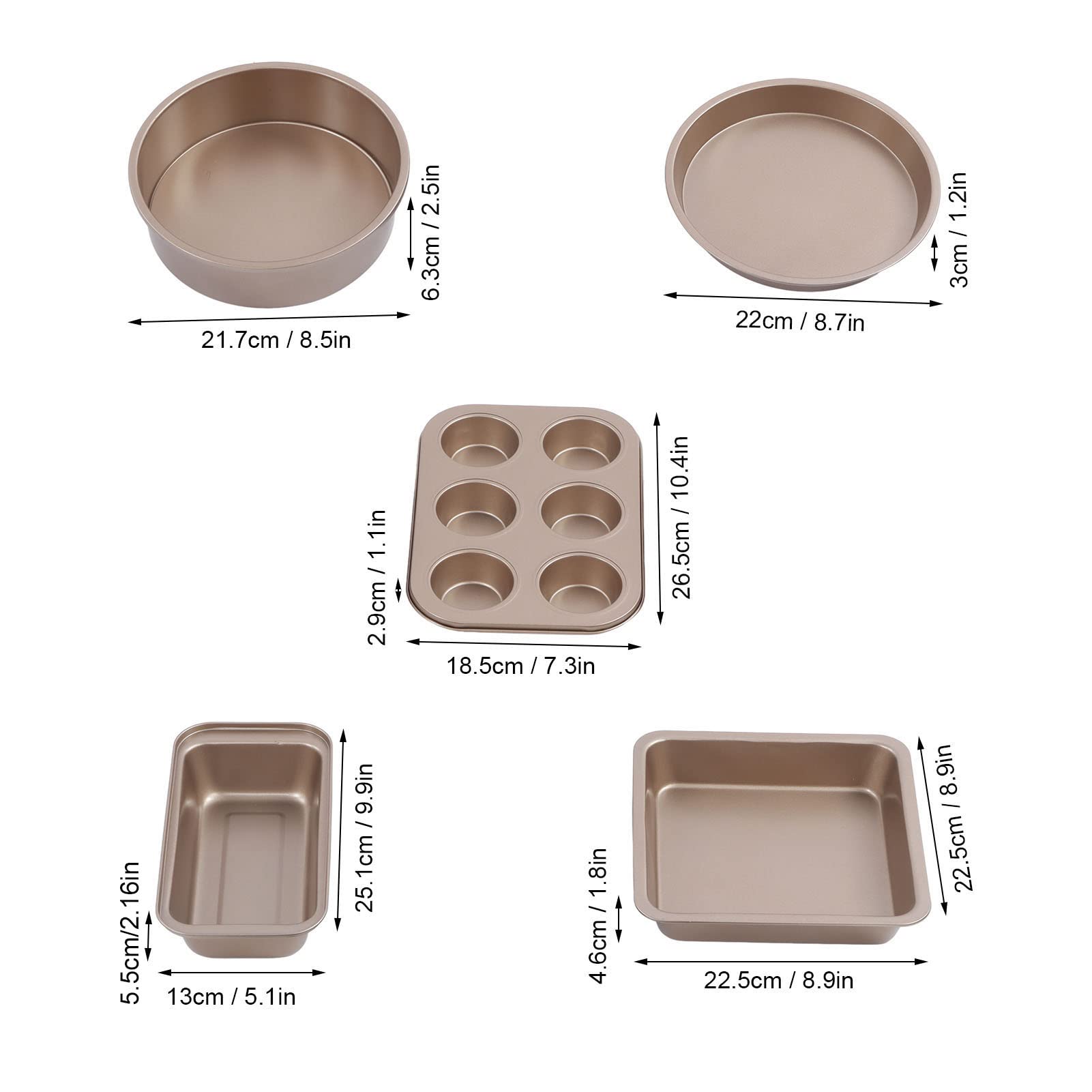 5Pcs Nonstick Bakeware Set Carbon Steel Baking Pans Kit High Temperature Resistance with Cake Mold,Baking Sheet,Pizza Tray,Quadrate & Rectangular Baking Pan for Household Bakery(Gold)