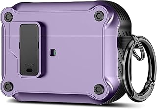 جراب صلب مضاد للصدمات بمشبك قفل آمن وسلسلة مفاتيح لسماعات ايربودز برو 2 الجيل الثاني إصدار 2022 للرجال والنساء من المعز، لون أرجواني، البوليستر