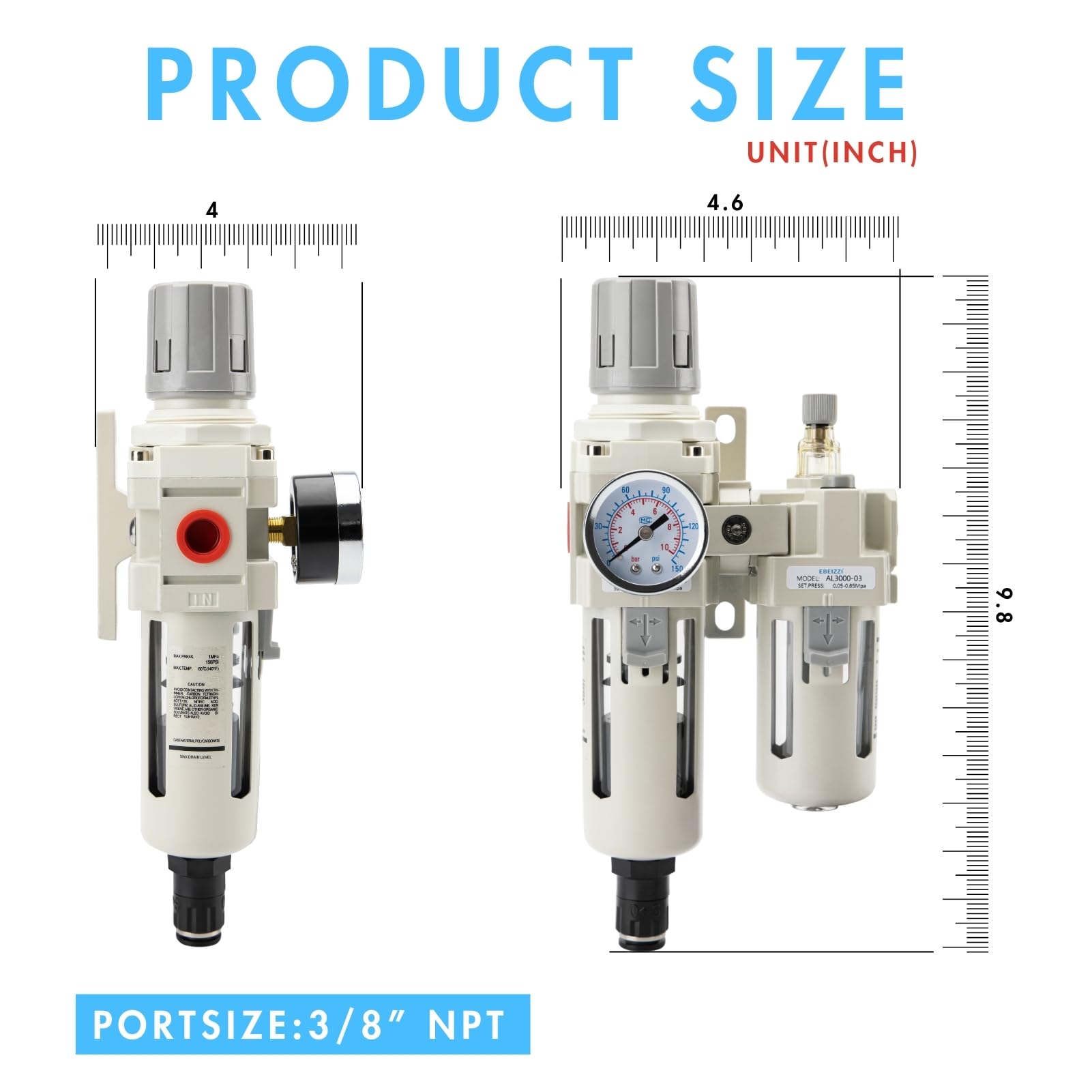 Filtro de aire comprimido NPT de 3/8 pulgadas | Combo de lubricador regulador | Separador de trampas de agua/aceite, calibre (0-150 psi) | tazón de polietileno | drenaje automático | Soporte -