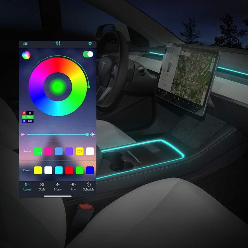BASENOR Tesla Model Y Model 3 Neon Light Tubes RGB Interior LED Strip Lights with App Controller 2023 2022 2021