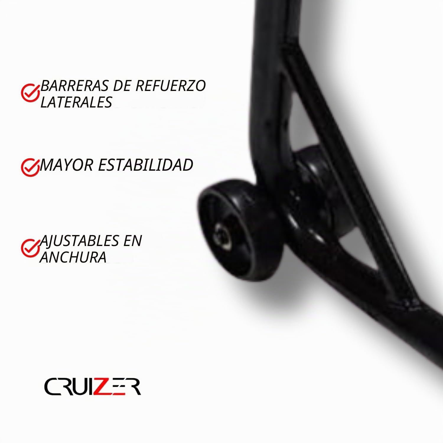 CRUIZER Caballete trasero para moto con fijaciones de tenedor ajustable con 4 ruedas subyacentes, barras refuerzos laterales con carga máxima 300 kg
