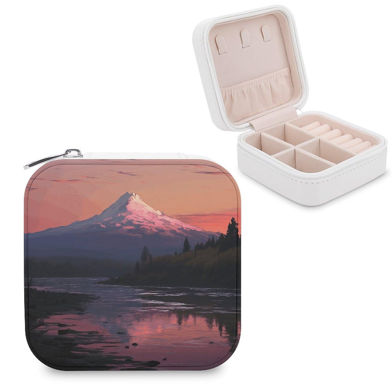 JTREHY Travel Sunset Landscape Mountains Lake Jewelry Case Portable Display Storage Box PU Leather Mini Jewelry Travel Case Personalized Travel Jewelry Organizer Small Jewelry Box for Women