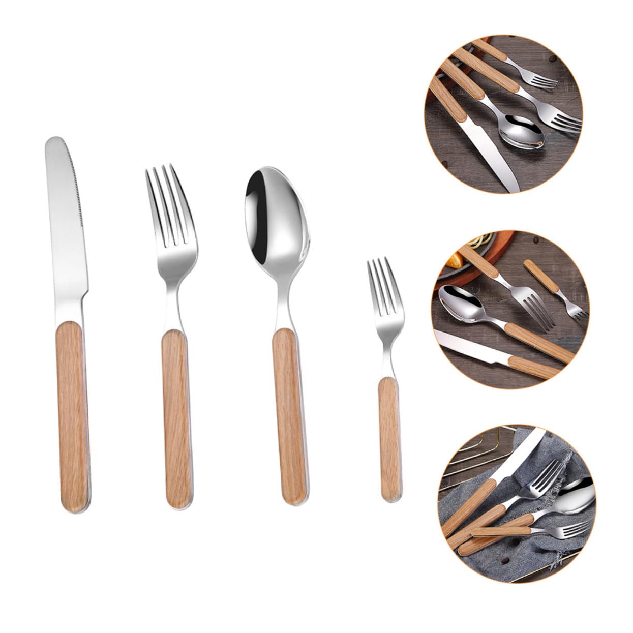 4pezzi Posate Stile Retrò Pz Forchetta Coltello Cucchiaio Manico Legno Lucidato Bordi Ergonomici Resistente