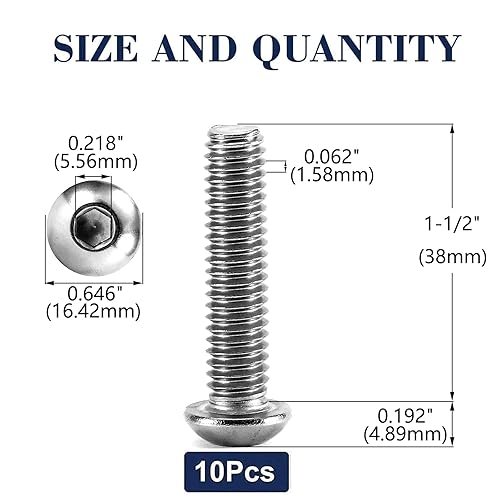 Miniatura 2 de Tornillos de cabeza de botón de 38-16 x 1-12 pulgadas, 10 tornillos de acero inoxidable 304 18-8, accionamiento hexagonal Allen, acabado brillante