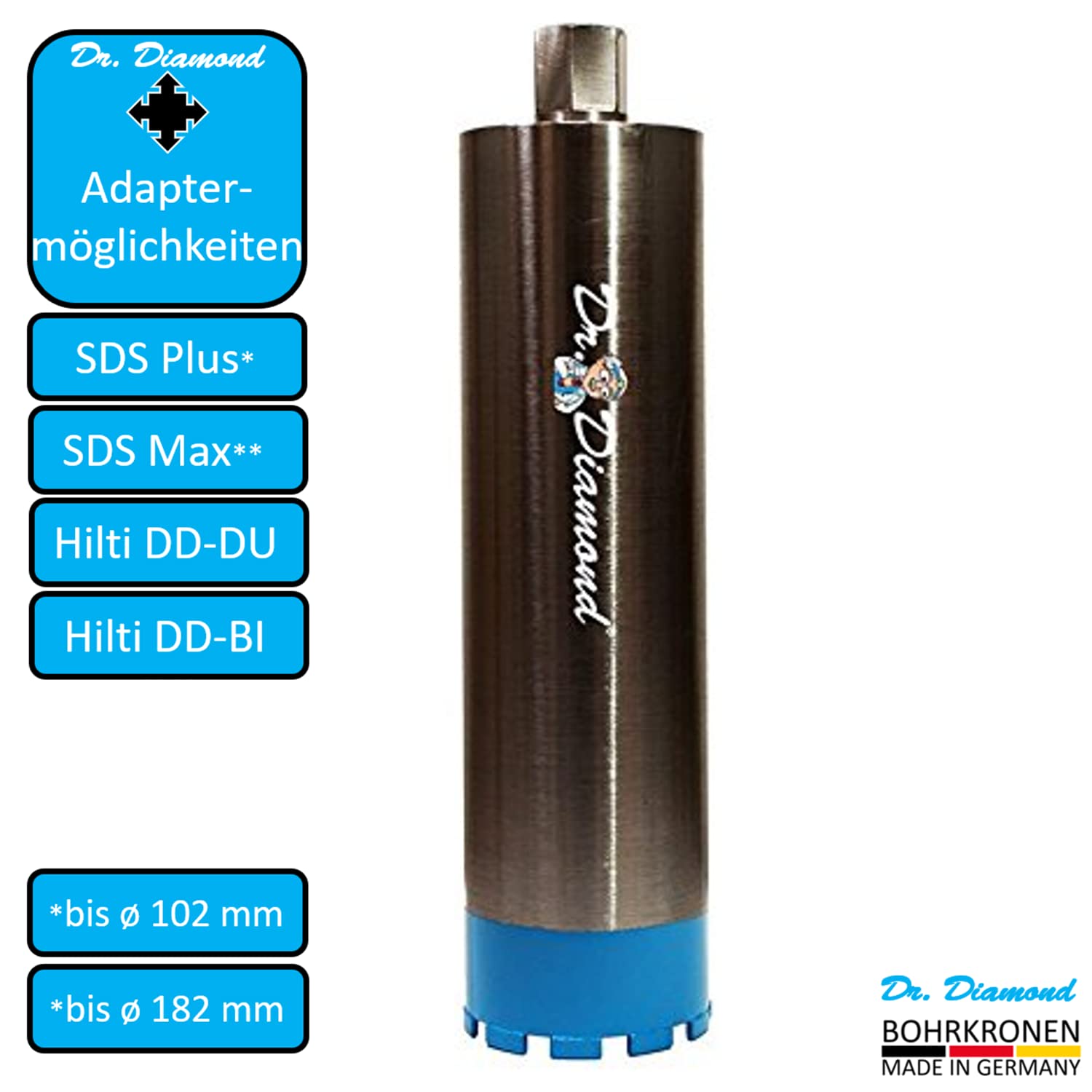 Dr. Diamond | Corona de perforación de diamante y broca de núcleo de hormigón con alojamiento de 1 1/4 pulgadas y longitud útil de 450 mm para perforación en seco y húmedo | diámetro de 172 mm