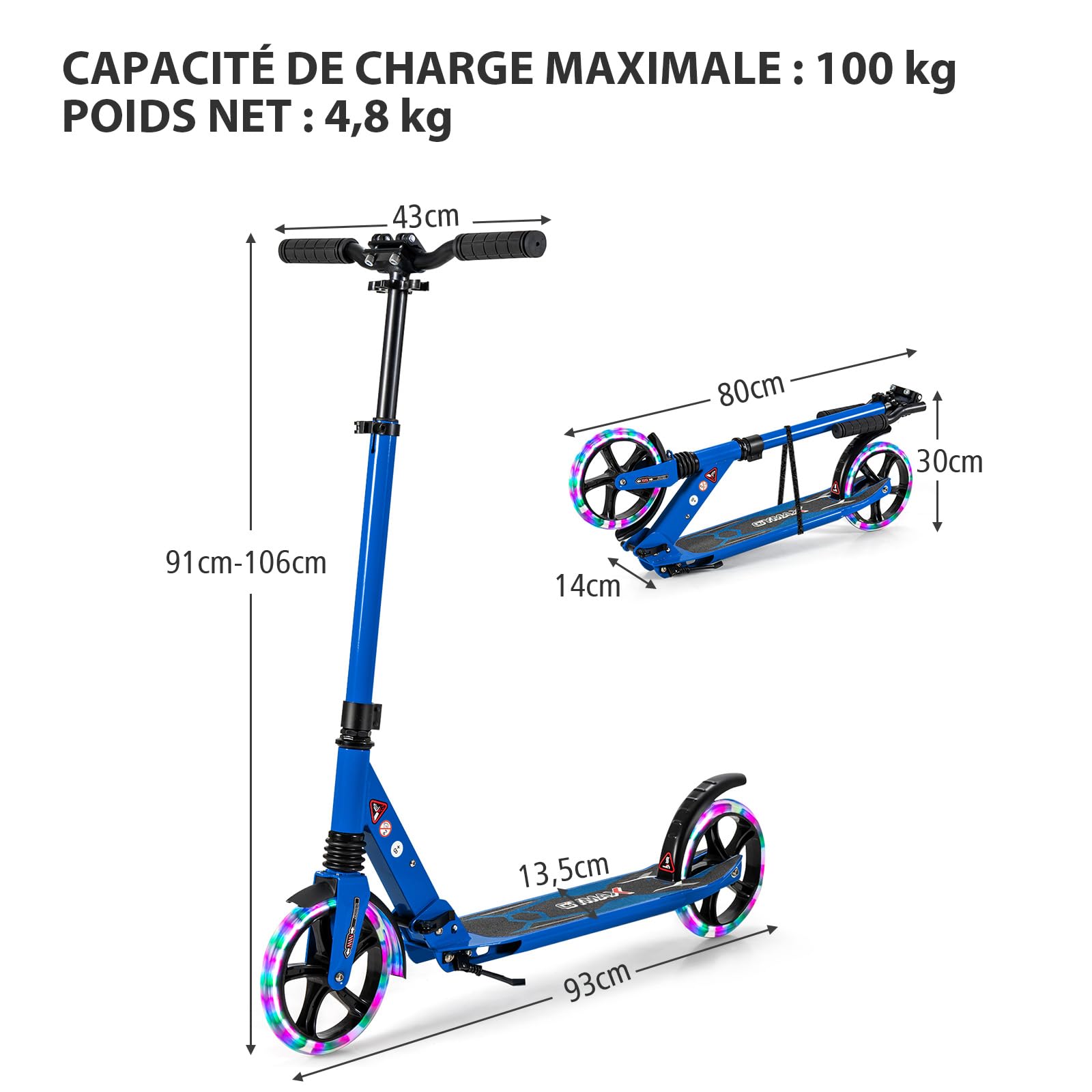 COSTWAY Trottinette Enfant Pliable avec 2 Roues Clignotantes & 3 Hauteurs Réglables, Trottinette Freestyle avec Béquille & Frein à Pied & Sangle, Charge Max 100KG pour Adultes Adolescents, 8 Ans+