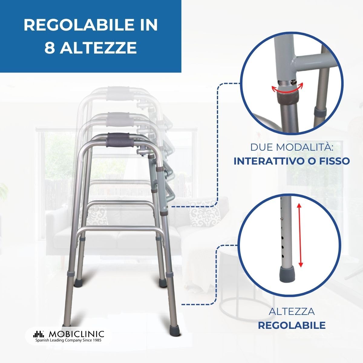 Mobiclinic®, Deambulatore per anziani, Leggero, Pieghevole, Senza ruote, Puntale antiscivolo, Carrello camminare, Fabbricato in alluminio, Modello columna, Marchio europeo, Colore grigio