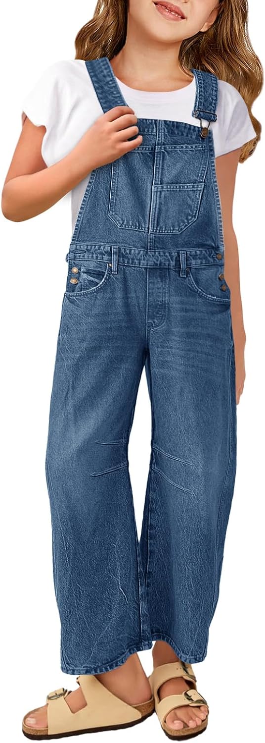 Haloumoning Girls Denim Overalls Kids Sleeveless Wide Leg Jumpsuit Bib Overall with Pockets 4-14 Years