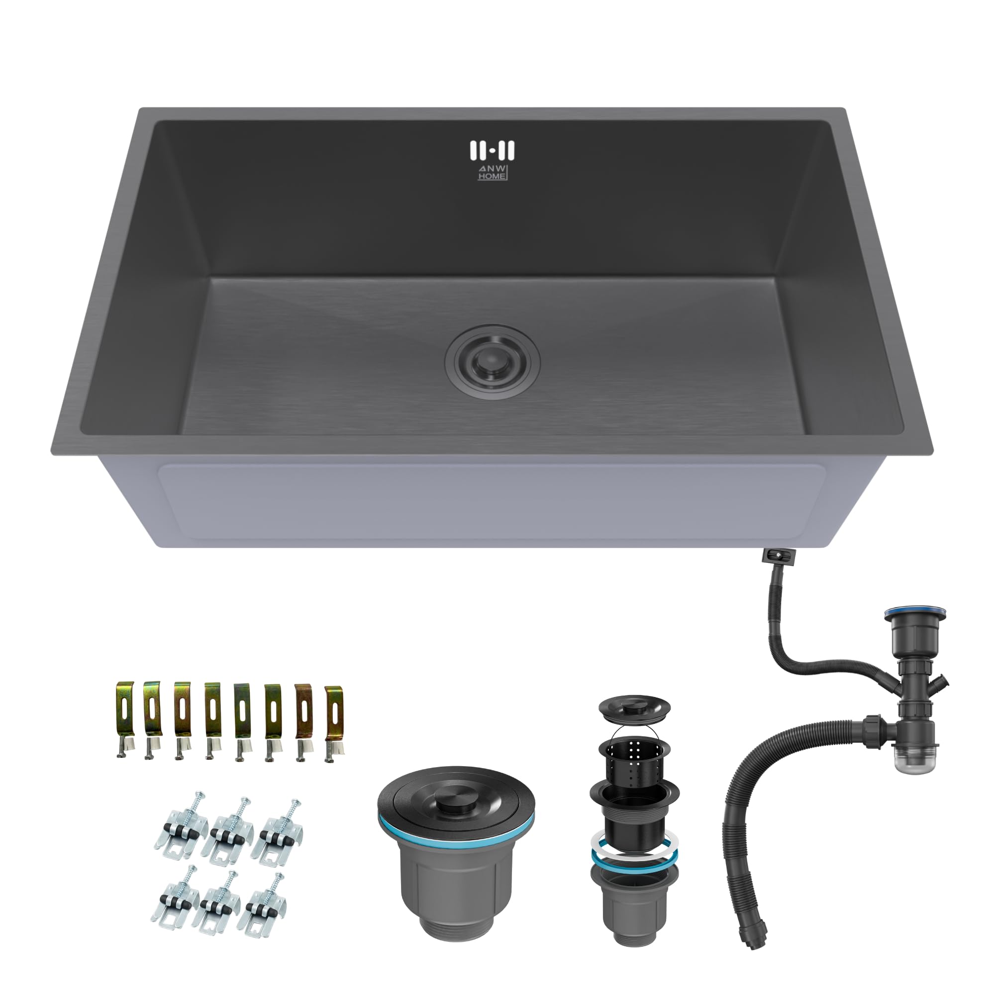 ANW HOME Lavello Cucina 1 Vasca Acciaio Inox 304, Lavandino Cucina da Incasso o Sottotop 74x44 cm Grafite PVD con Rivestimento Nano, Spessore 3,0+1 mm, Profondità 22 cm, con Sifone