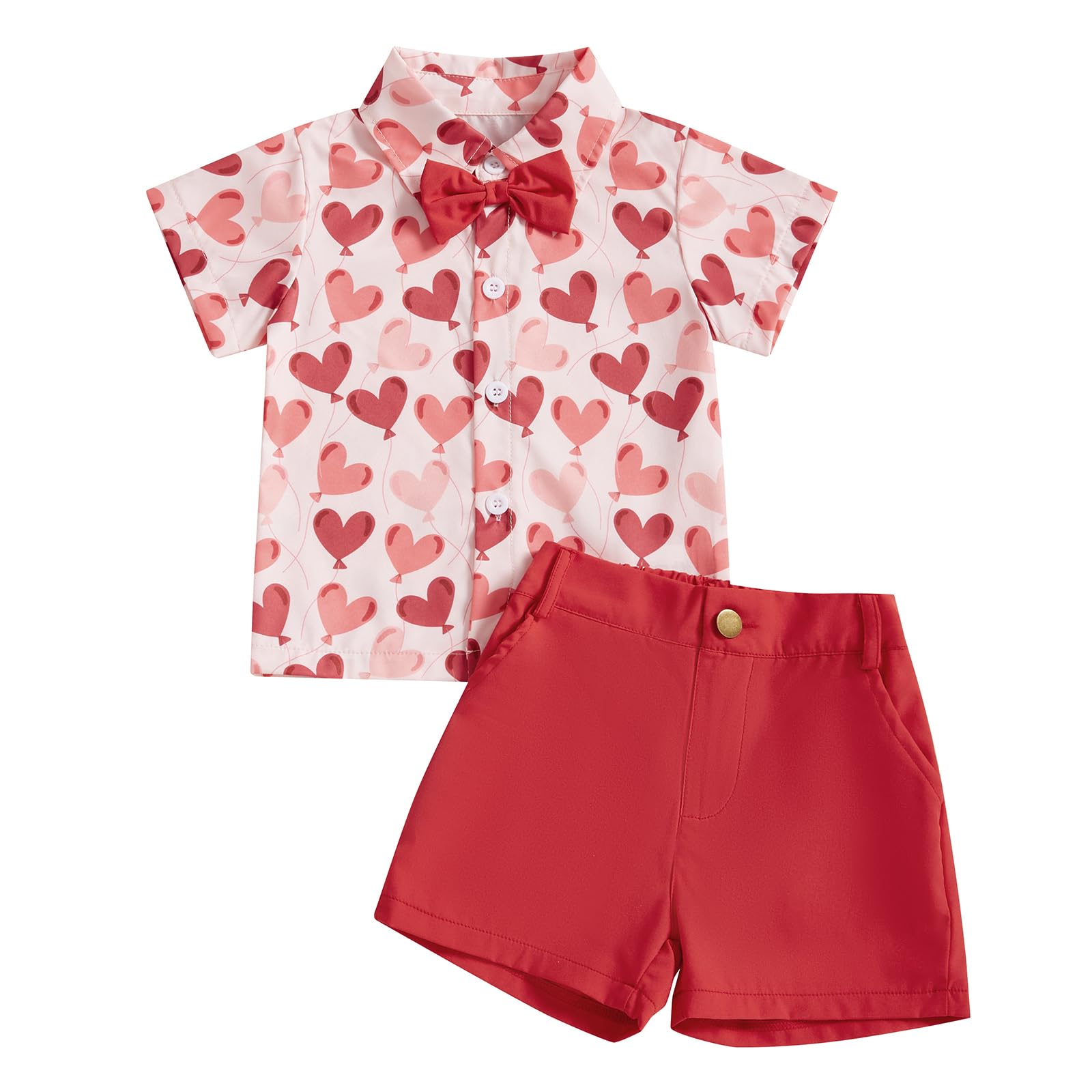 Baby Boy Valentines Clothes Short Sleeve Heart Print Button Down Shirt Bermuda Shorts Kids Gentleman Outfit (Watermelon Red, 18-24 Months)