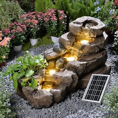 Pivotify 38.2" L Solar Water Fountain Outdoor,5-Tier Rock Waterfall Fountains Solar Powered Floor Standing Outdoor Water Feature with LED Lights for Patio, Garden,Porch, Yard, Home Art Decor?Brown?