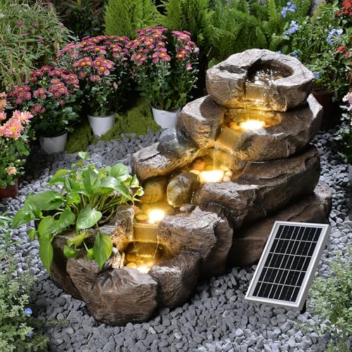 Image of 38.2 inch L Solar Water Fountain Outdoor Rock Waterfall Fountains