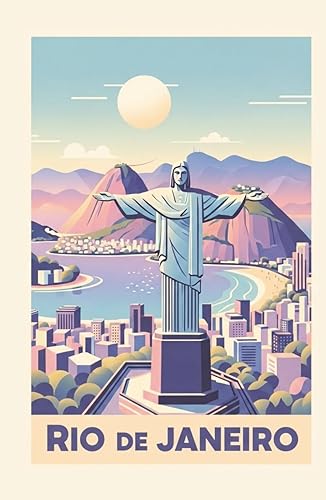 Libreta Vintage Rio de Janeiro. Libreta de notas estilo póster de viaje retro en colores pastel mate. Tapa dura, tamaño 5.5 x 8.5 in 140 × 216 mm