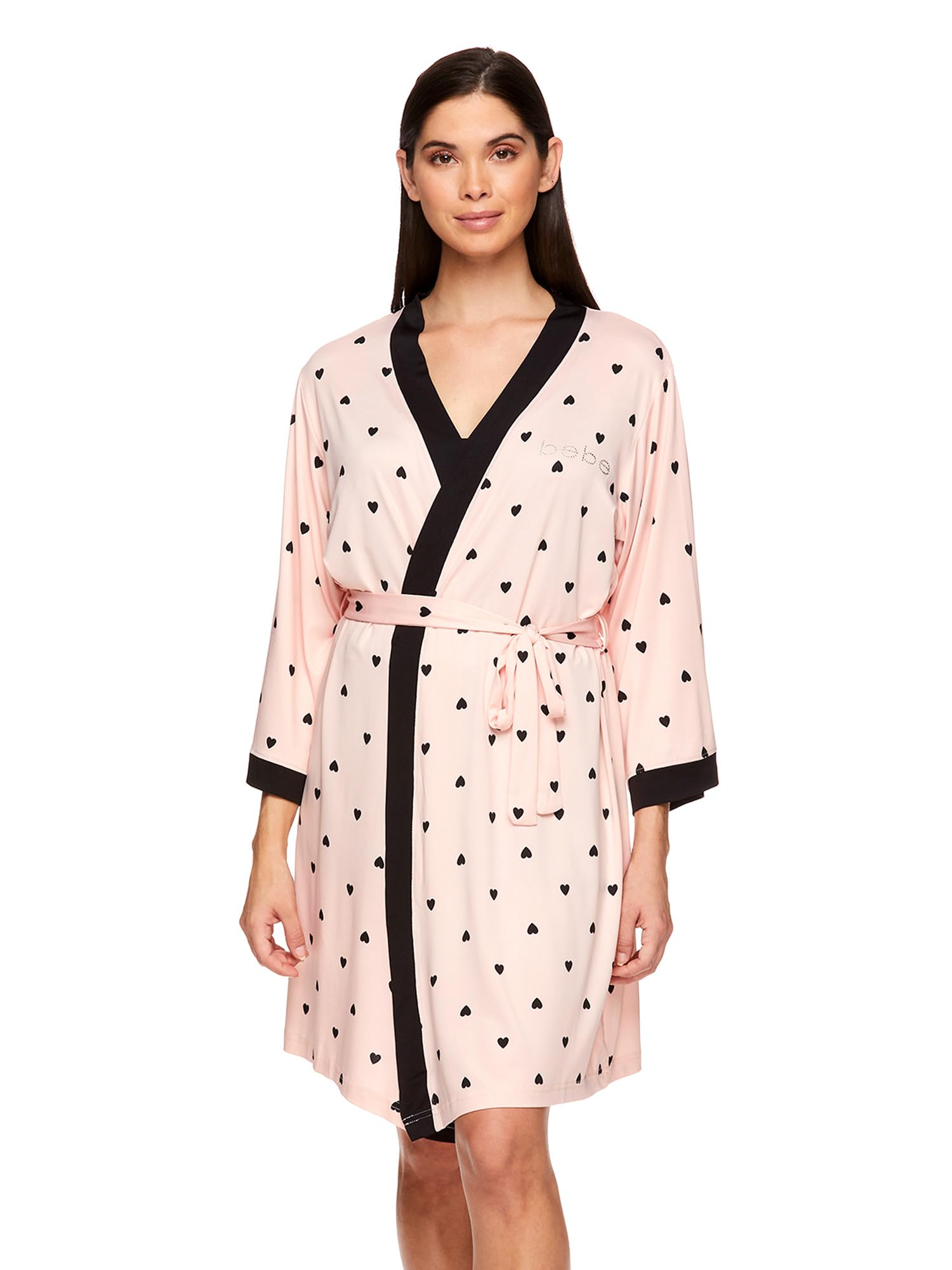 bebe Womens Pajamas 3 Piece Robe Tank Top and Lounge Pajama Shorts Sleep Travel Set (Light Pink, Small)