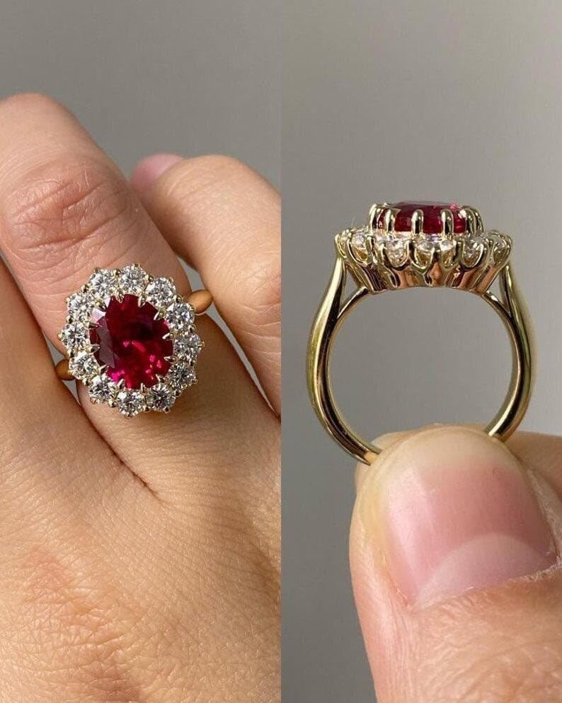 Natural Red Ruby Engagement Ring Emerald Cut Vintage Engagement Cluster Ring Moissanite Bridal Rings Promise Rings Anniversary
