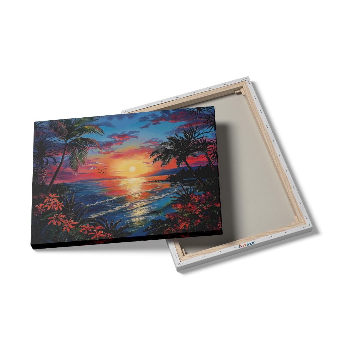 Artaza Leinwand Bilder Sonnenuntergang Meer - 80x60 cm - Wanddeko Strand - Wandbilder Palmen - Deko Wohnzimmer
