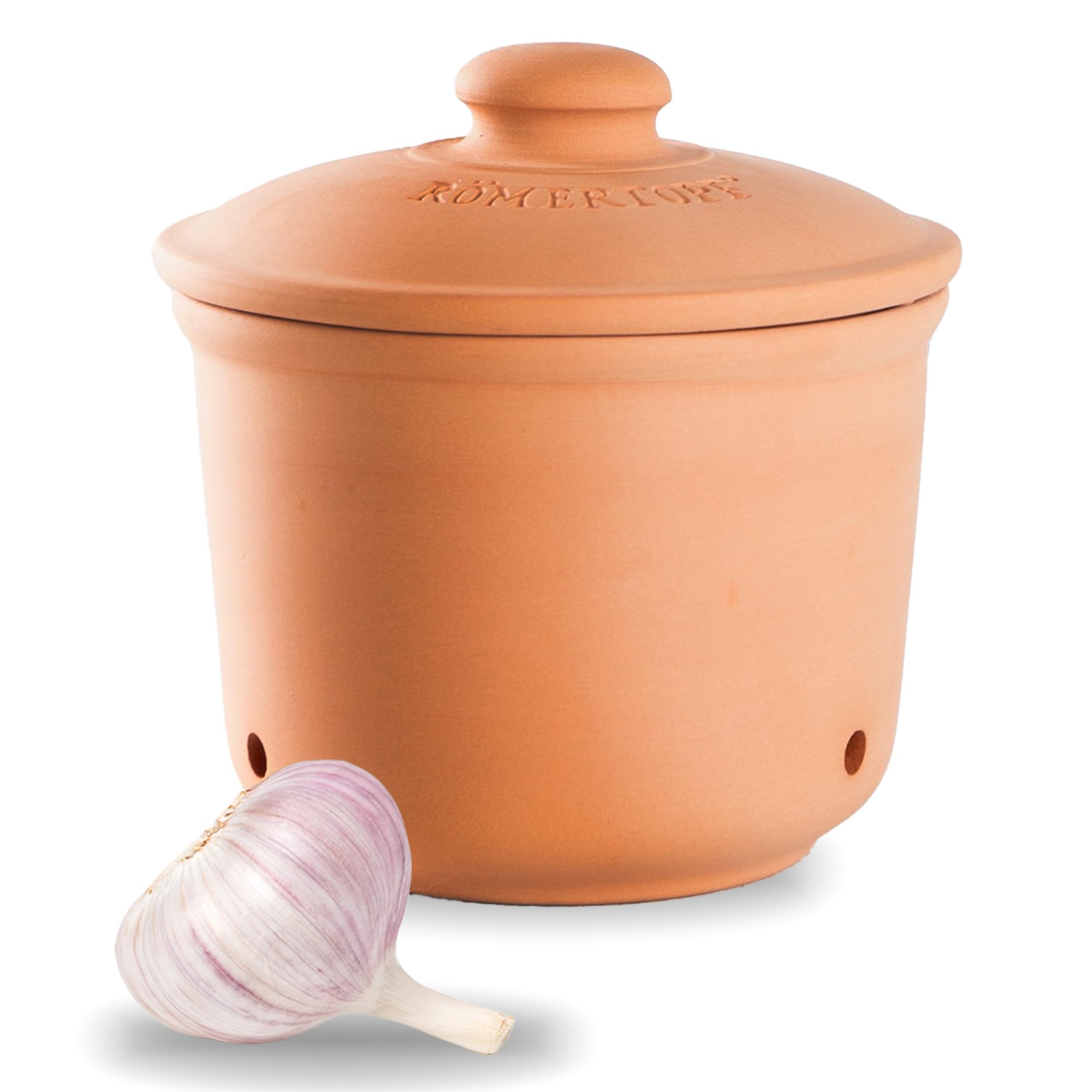 Romertopf Garlic Storage Pot with Lid – Ventilated Clay Container, Keeps Garlic Fresh, Terracotta