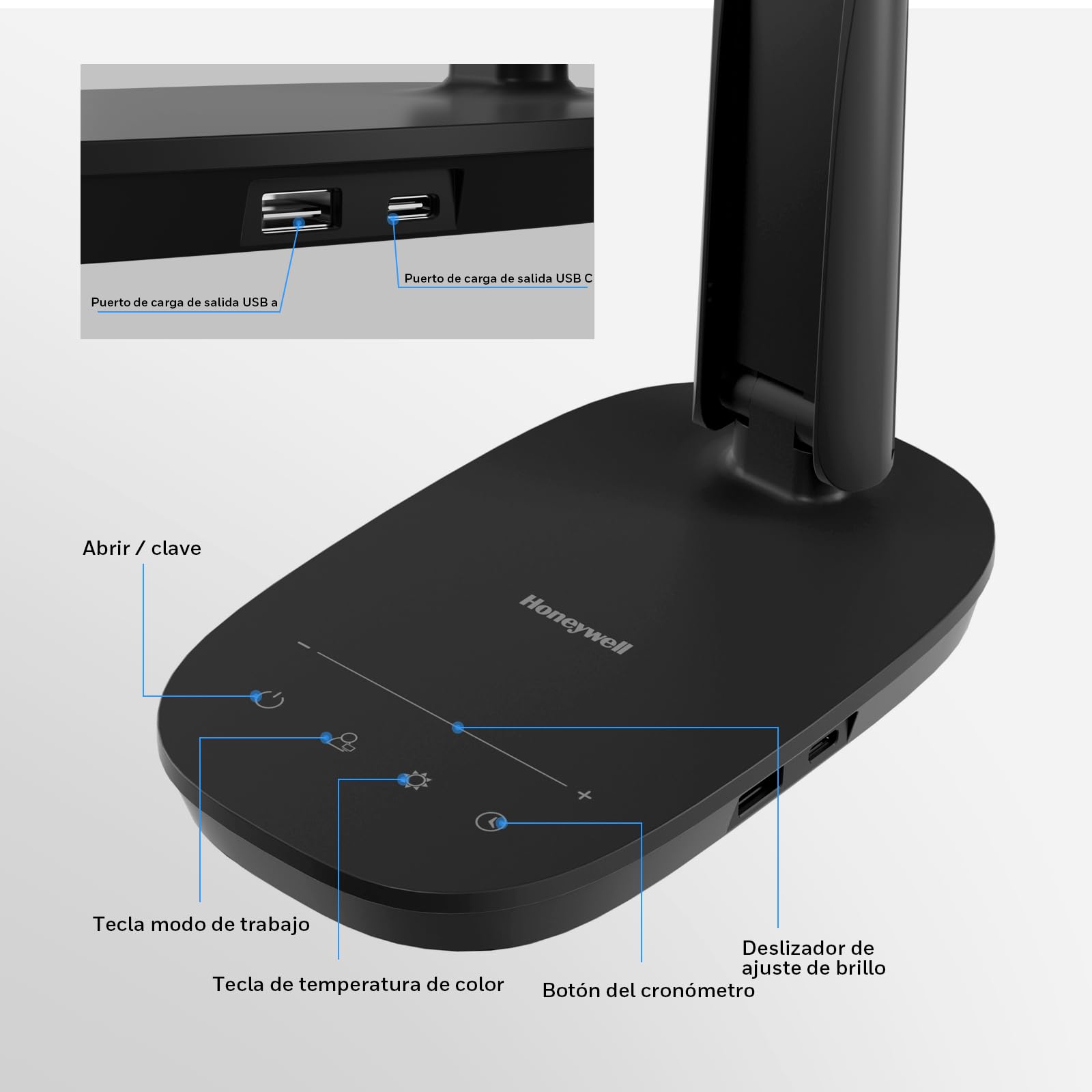 Honeywell HWT-H2 Lámpara de Escritorio LED, Luz de Espectro Completo CRI94, Lámpara de Mesa Regulable con Puertos USB-A y USB-C, Control Táctil, Lámpara Plegable para Oficina, Lectura y Estudio, Negro