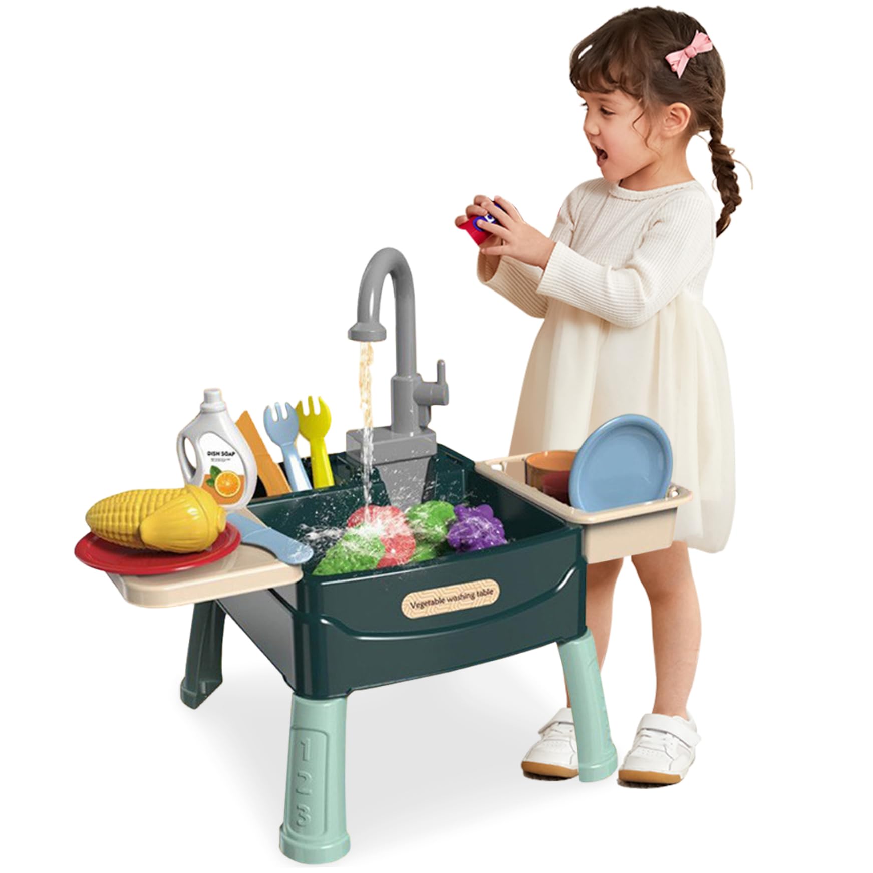 Évier de Jeu avec Eau Courante, 23 pièces, évier en Plastique pour Enfants de 3 Ans et Plus, Ensemble Coupe Fruits et légumes, Jouets Jeu d'eau réutilisables