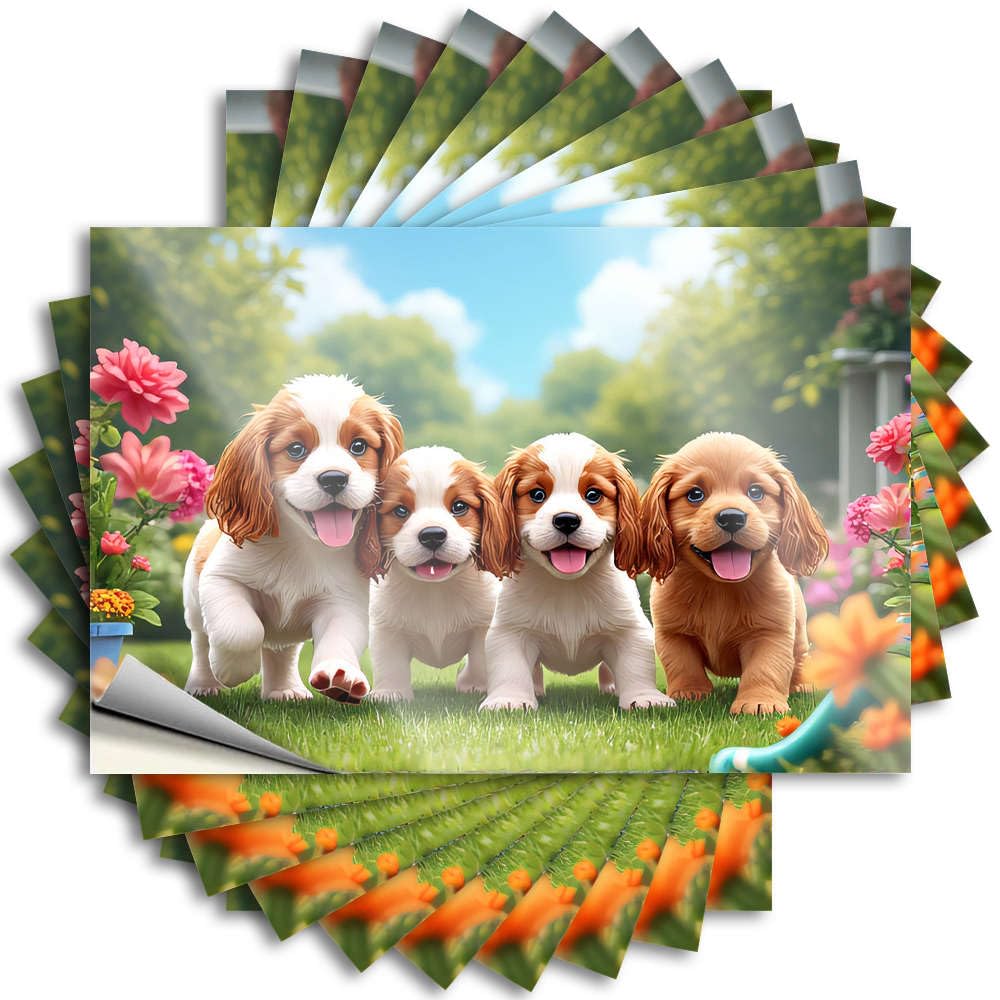 Stickers Books Peel and Stick - Four Adorable Puppies Playing in A Flower Garden Garage Western Waterproof Vinyl for Football(8X12CM)