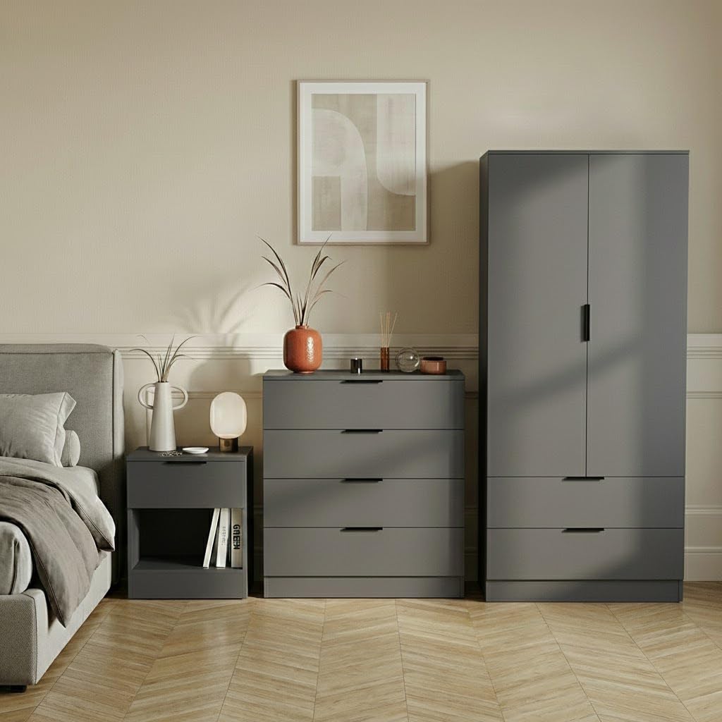 Vida Designs Trega 3 Piece Bedroom Set (1 Drawer Bedside Chest, 4 Drawer Chest, 2 Door 2 Drawer Wardrobe) Grey