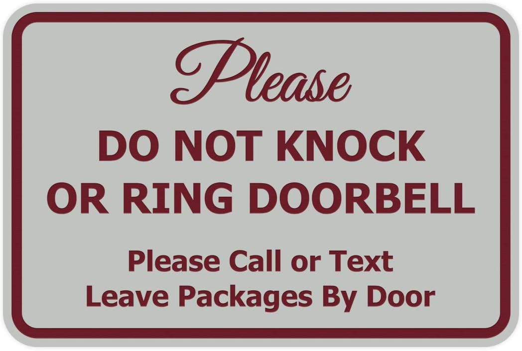 Signs ByLITA Classic Framed Please Do Not Knock Or Ring Doorbell Wall or Door Sign - Easy Installation | Mail Delivery Instruction | Do Not Disturb (Light Grey/Burgundy) - Medium 5 Pack