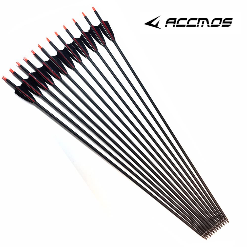 ACCMOS Spine 500 Tiro con L'Arco Freccia in Carbonio 23-30 Pollici con 3'' Piuma di Tacchino,Punte di Freccia Rimovibile, per Arco Ricurvo Arco Composto Caccia 12 pzi