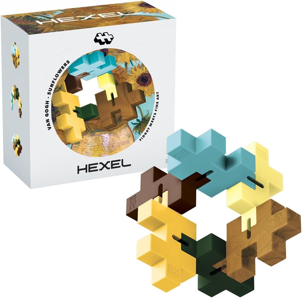 PLUS PLUS HEXEL Van Gogh, Sunflowers - Travel Friendly Fidget Puzzle Toy, Sensory Room Must Haves - Quiet Stress and Anxiety Relief for Kids & Adults