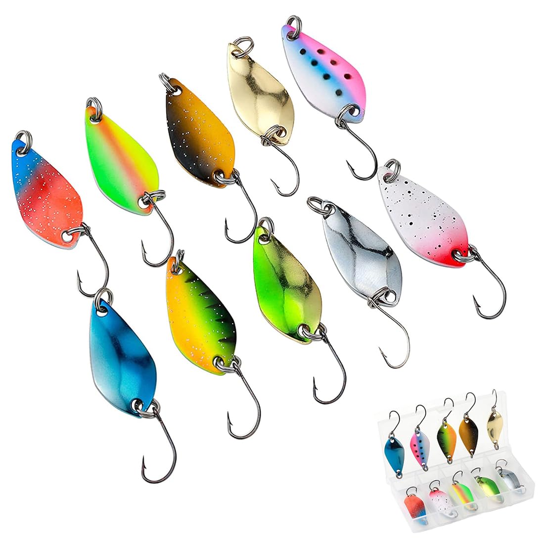 Set di 10 cucchiai da trota, 2,5 g, 3,5 g, 5 g, accessori da pesca, cucchiaio per la pesca alla trota, set di cucchiaini in metallo, cucchiaino per trote e molto altro ancora