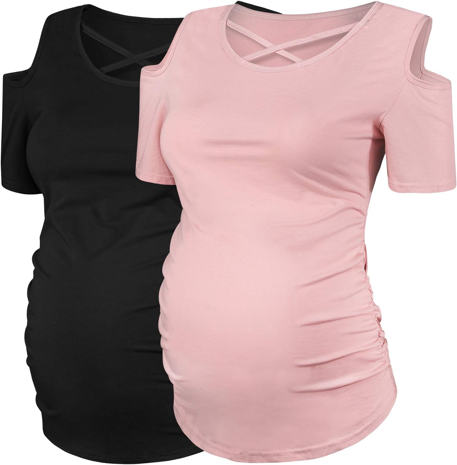 Women's Cold Shoulder Maternity Top Short Sleeve Pregnancy Shirt Ruched Side Clothes Criss Cross Black&Pink-M