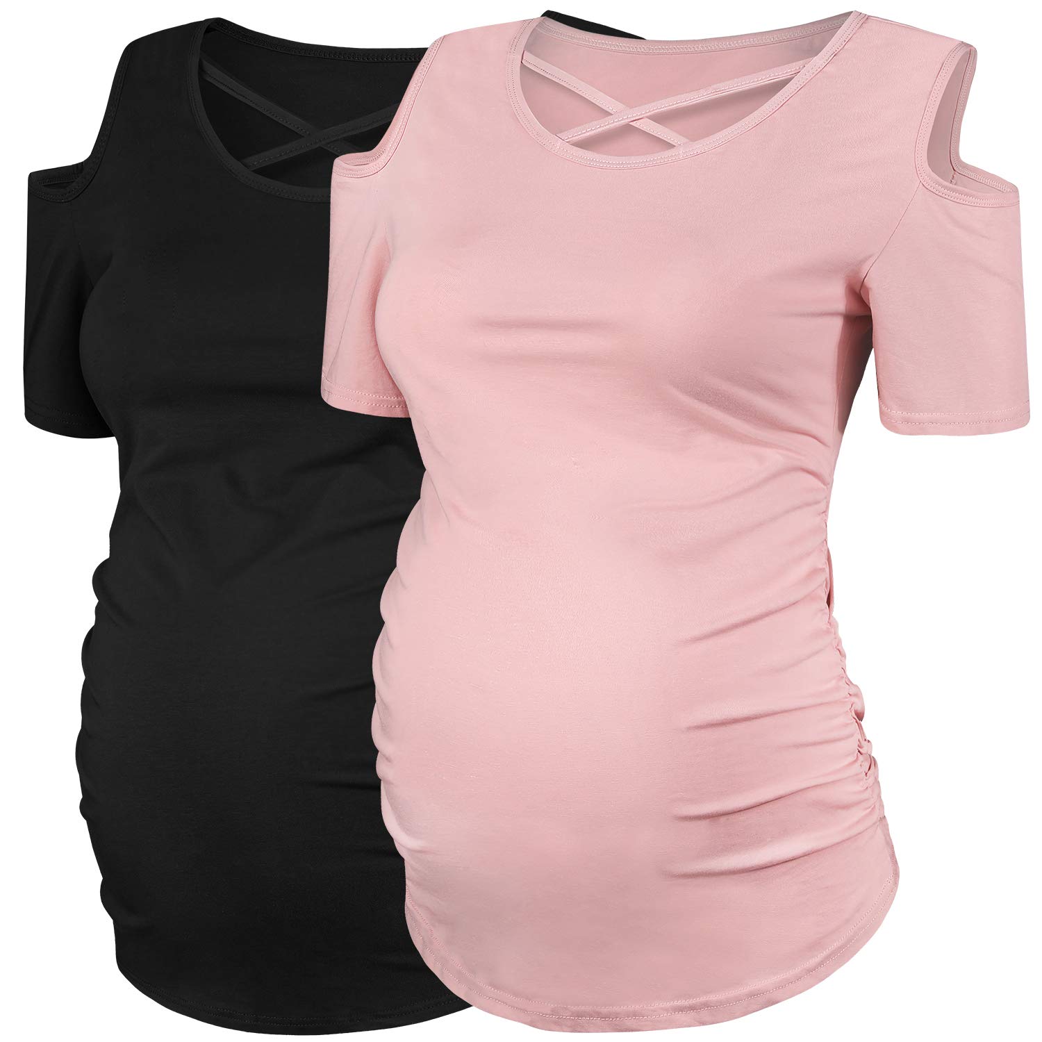 Women's Cold Shoulder Maternity Top Short Sleeve Pregnancy Shirt Ruched Side Clothes Criss Cross Black&Pink-M