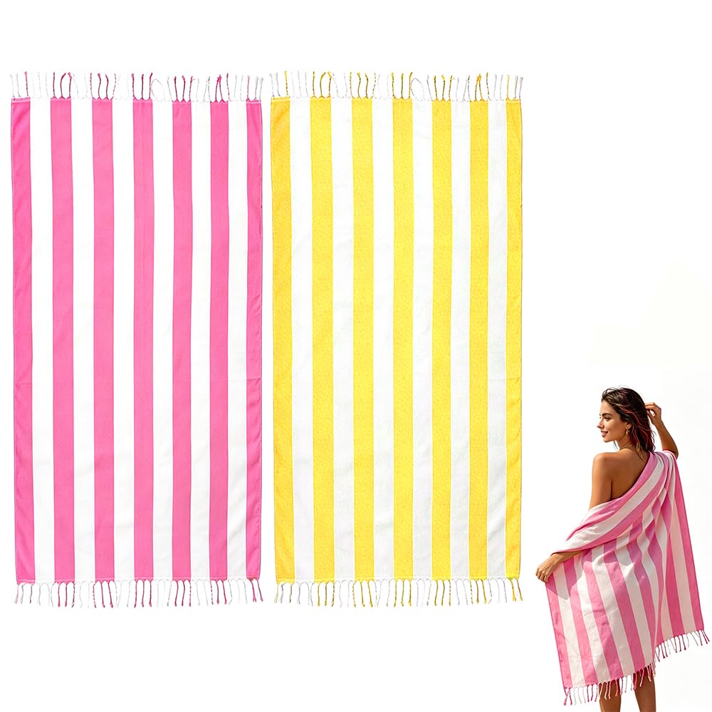 JAODFK 2 Pcs Turkish Beach Towel Cotton Lightweight Sand Free Blanket Quick Dry Serviette de Plage Towels for Swimming Camping Accessories Women Summer Vacation Essentials Gift 71 x 36 (Pink,Yellow) — image 1