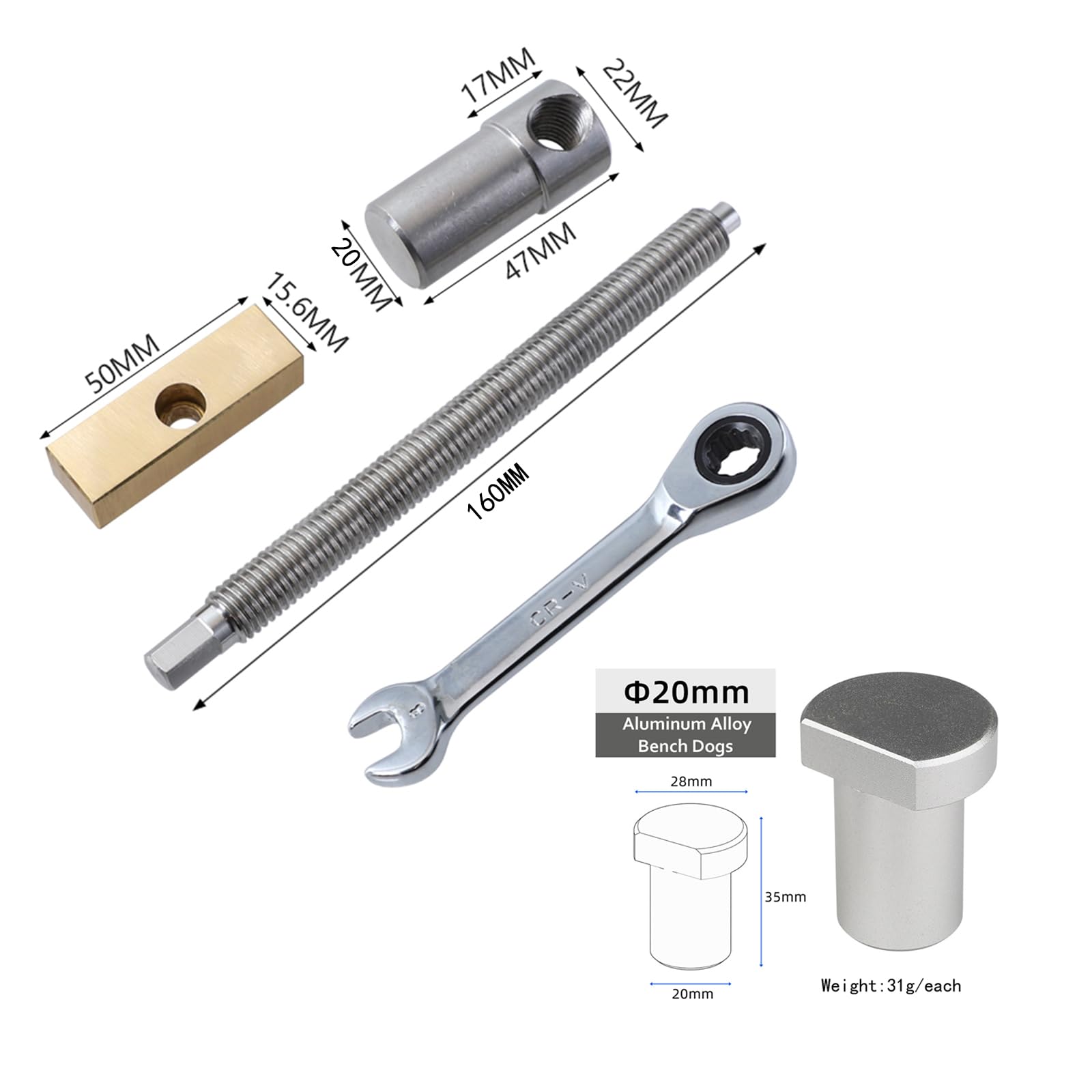 Juego de 2 abrazaderas de banco extralargas para agujero de 20 mm, clips de escritorio ajustables para carpintería, banco de carpintería, herramienta de carpintería para carpintería, plata (2