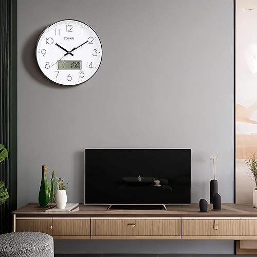 Miniatura 4 de Reloj de pared decorativo moderno de 12 pulgadas, funciona con pilas, fecha, semana, para sala de estar, dormitorio (negro)