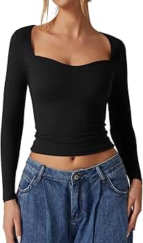 QINSEN Woman's 2024 Basic Crop Tops High Stretch Long Sleeve