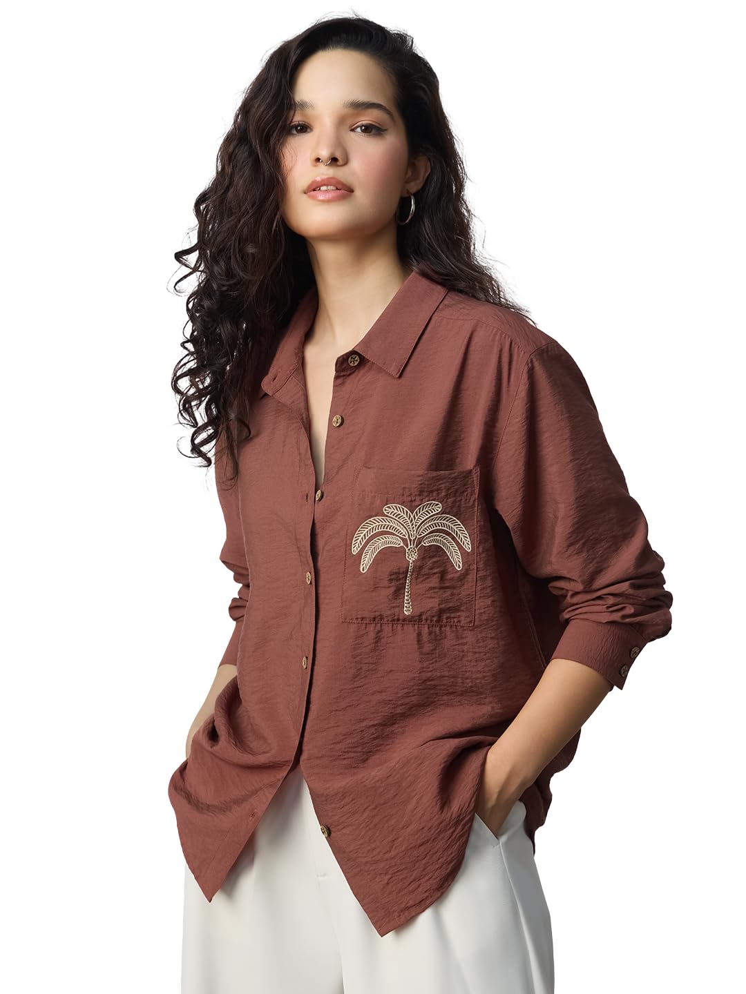 the souled store Textured Line: Bliss Women and Girls Full Sleeves Spread Collar Textured Viscose Polyamide Regular Fit Lightweight Embroidered Pocket Summer-Ready Casual Wear Shirt-picture-43