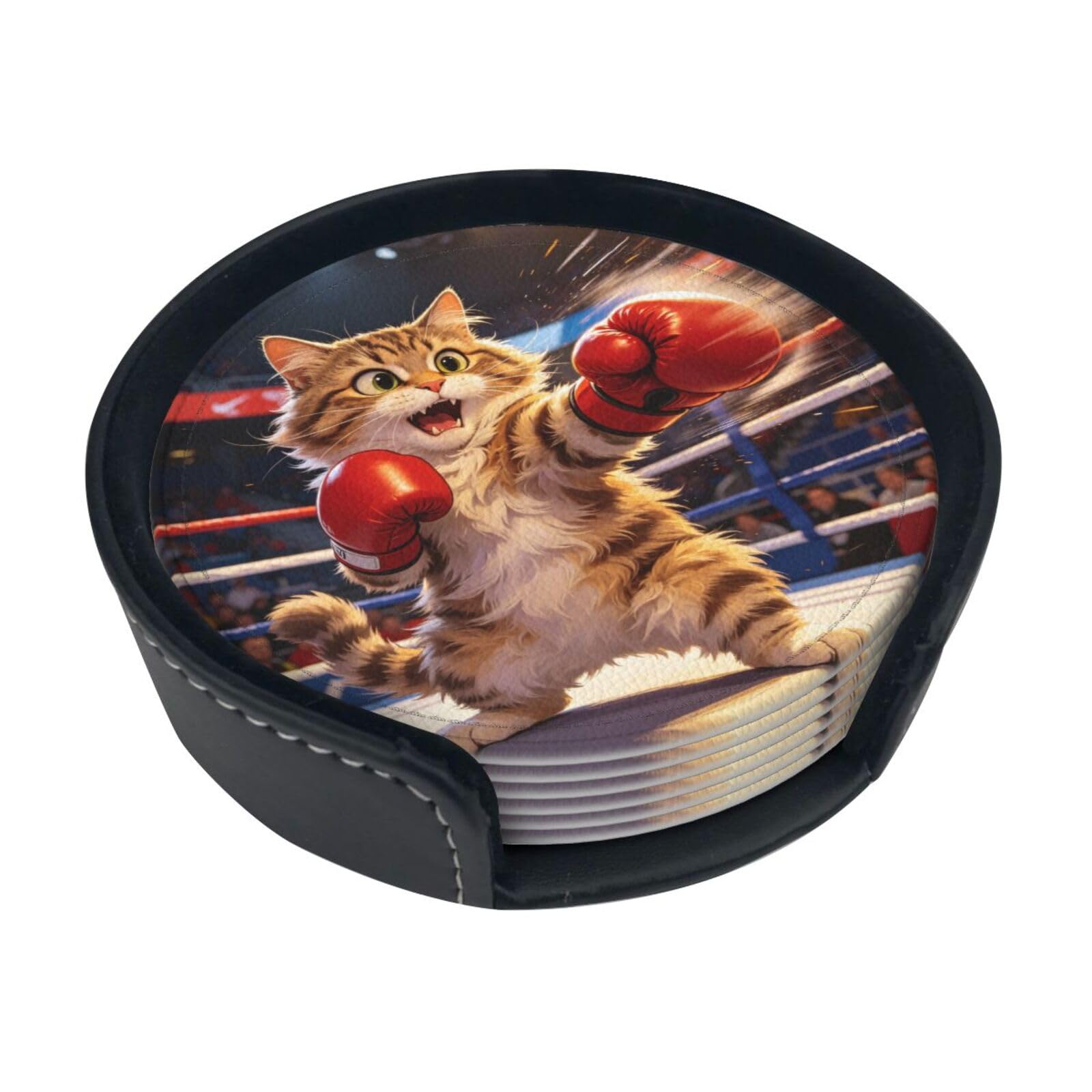 Cat boxing Leather Coasters-Set of 6 with Storage Holder