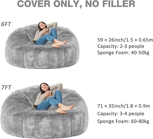 Miniatura 3 de (No Filler) 6FT Giant Bean Bag Chair Cover Soft Faux RH Fur Sofa Bed Washable Bean Bag Couch Cover for Adult and Kids with Liner Gris,claro,Negro -