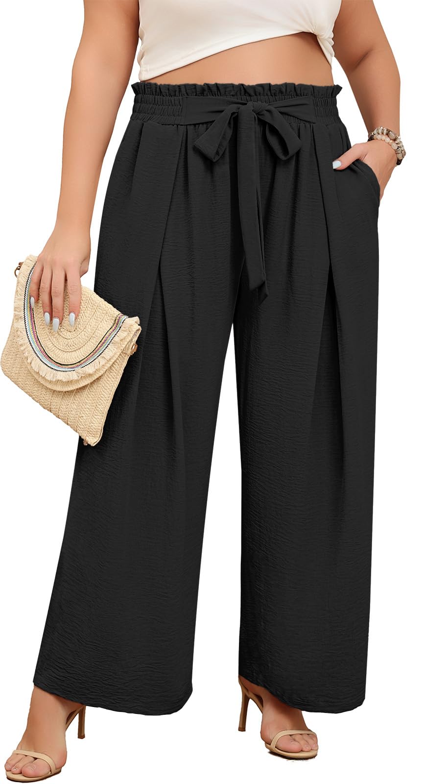 Lastshe Women's Plus Size Pants Wide Leg Work Casual Palazzo Pants Elastic High Waisted Dressy Trousers with Pockets