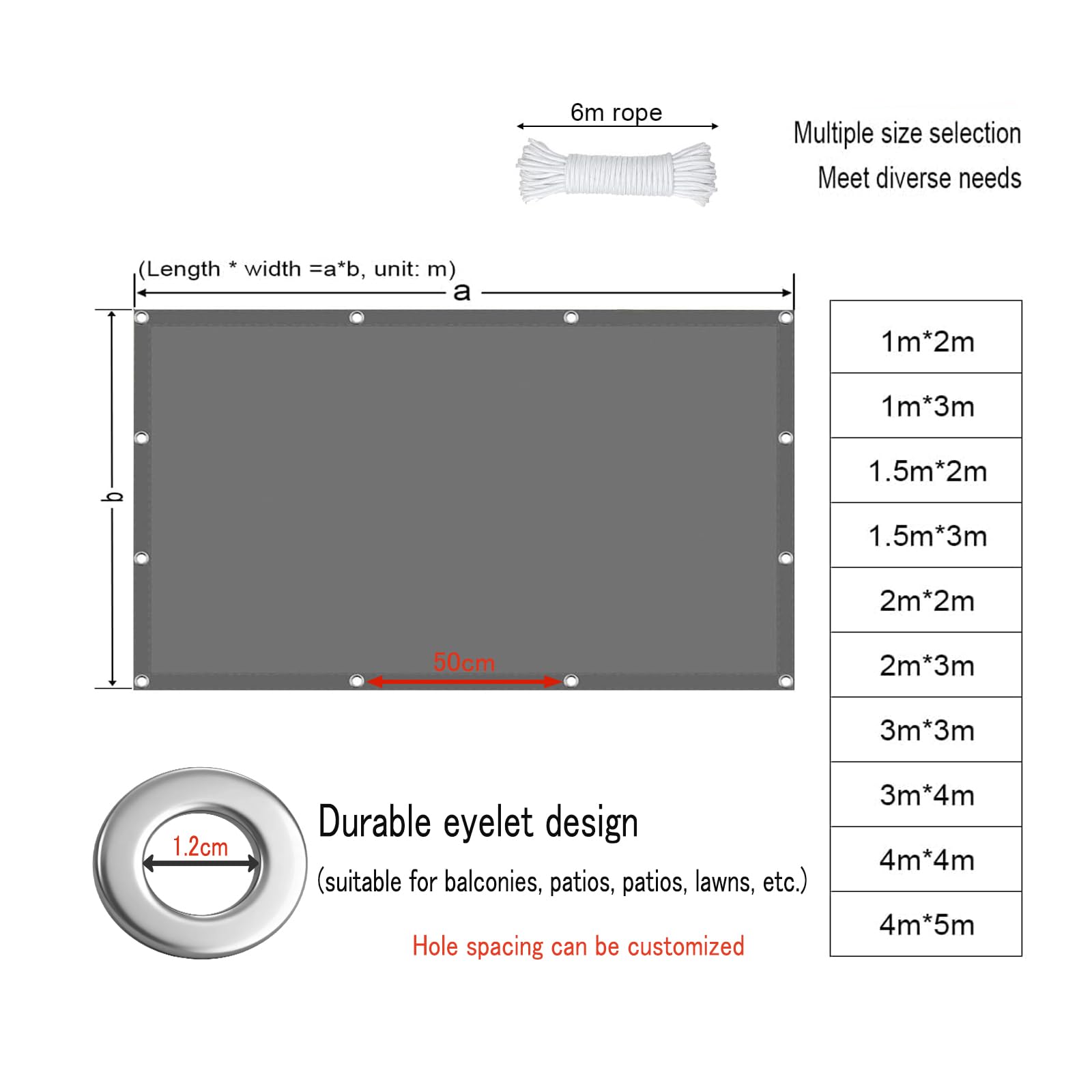 0.6x7M Wasserdicht Rechteckig Multi Farbe und Größe Sonnensegel Balkon UV Schutz Sonnenschutz Markise Mit Ösen Und Kordel für Balkon Terrasse Garten mit Ösen und Seil
