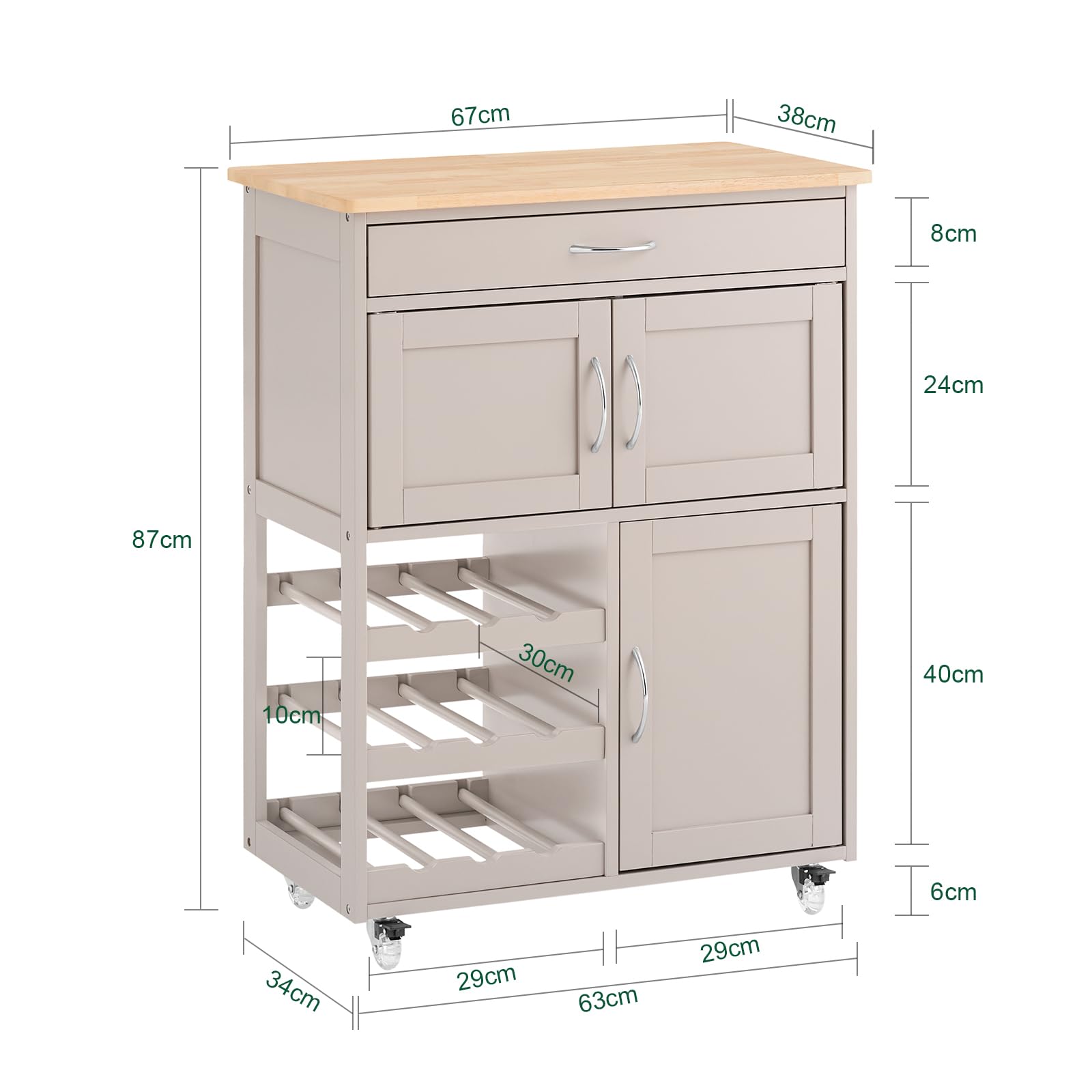 SoBuy Servierwagen mit Rollen und Weinregal 67 × 86 × 38 cm kleine Küchen | Küchenwagen mit Arbeitsplatte aus Kautschukholz und Schublade – ideal als Kaffeewagen oder Beistellwagen MDF FKW45-KA