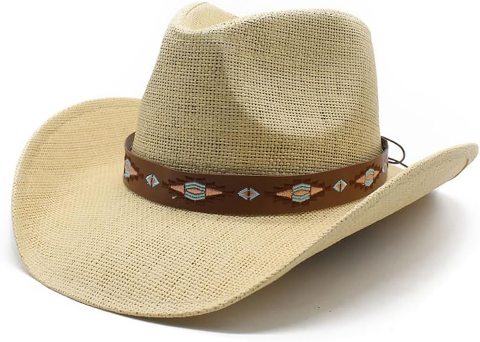 Western Cowboy Hat with Embroidered Band, Natural Straw, Brown Leather Hatband