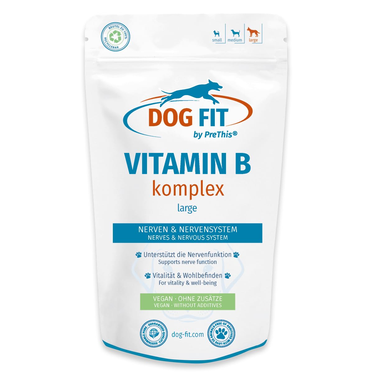 DOG FIT by PreThis® Vitamin B Komplex für Hunde | Unterstützung der normalen Nervenfunktion I Vitalität & Stoffwechsel | Vegan & ohne künstliche Zusätze I Large ab 25kg | 60 vegane Kapseln