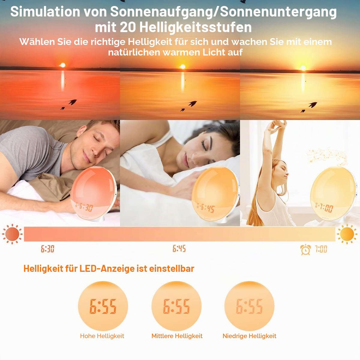 Tageslichtwecker,Wake Up Light, Lichtwecker, Bawoo Sonnenaufgang Sonnenuntergang Wecker Radiowecker mit 7 Natürlichen Töne 20 Helligkeit 2 Alarmen Schlummerfunktion UKW-Radio für Erwachsene & Kinder