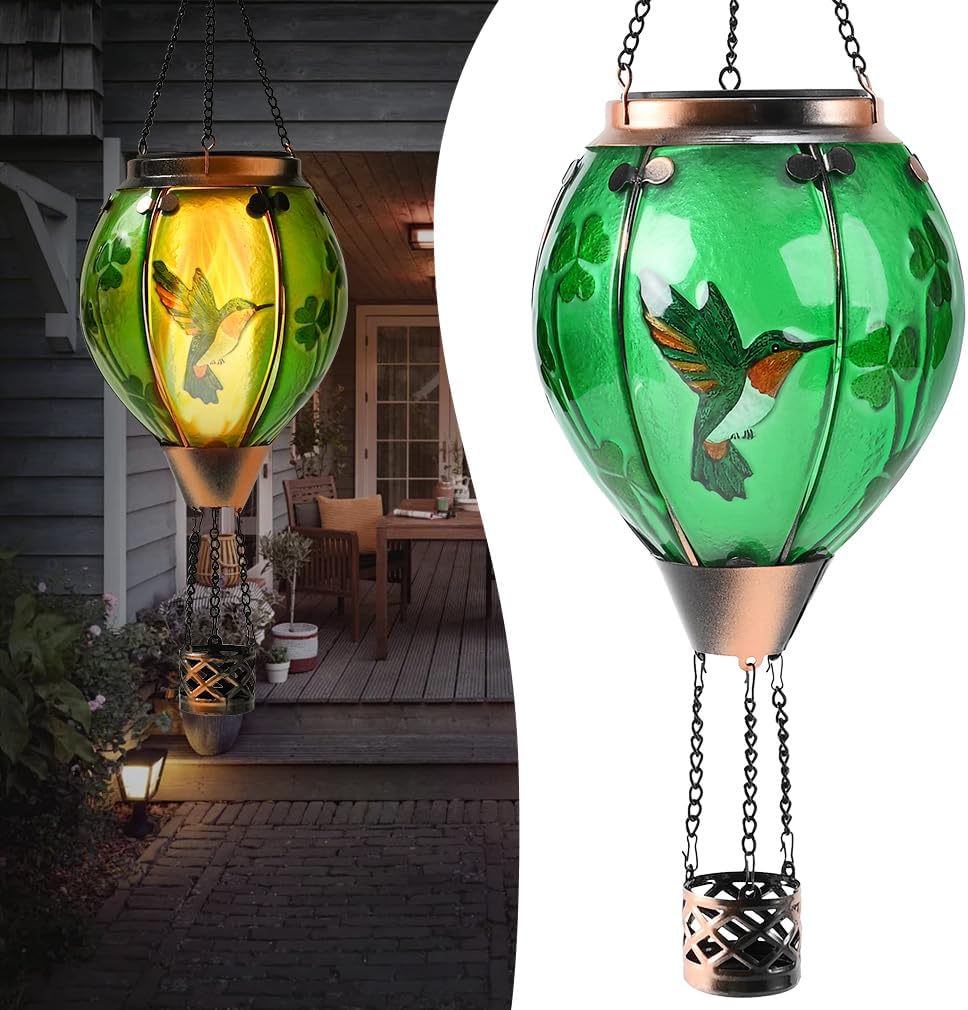 St Patricks Hot Air Balloon Solar Lantern - Patrick's Shamrock Glass Lantern, Simulated Flickering & Dancing Flame, Outdoor Hummingbird Hanging Yard Light for Patio Porch Decor Irish Clover Gift